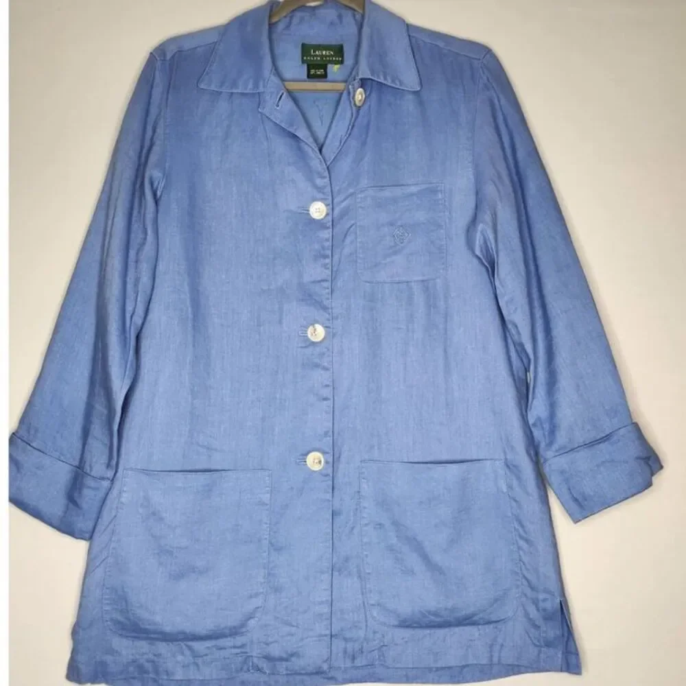 Lauren Ralph Lauren Womens Linen Blazer Smock Coat Light Blue‎ Pockets button up